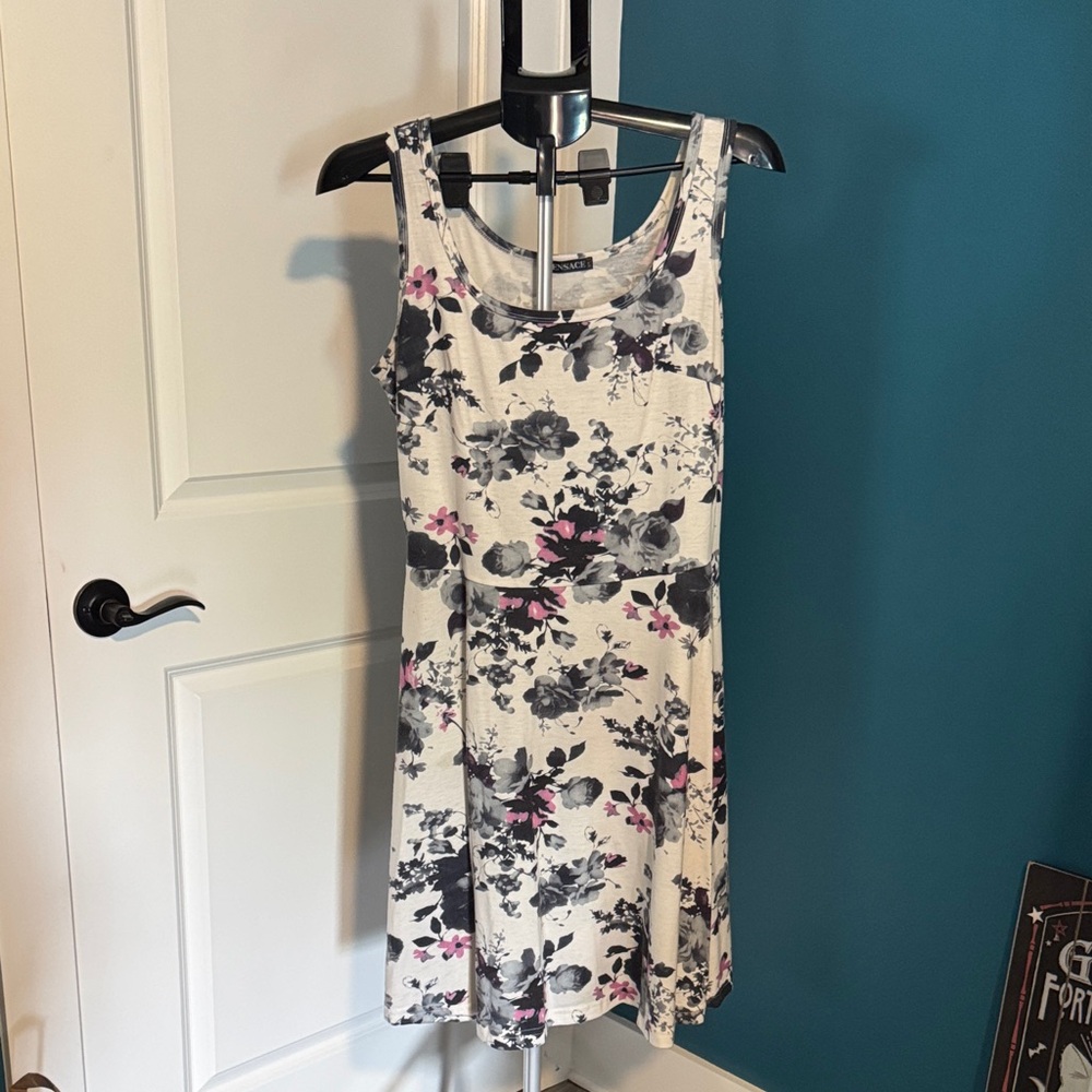 Floral Scoop-Neck Mini Dress in White with Gray & Pink Print